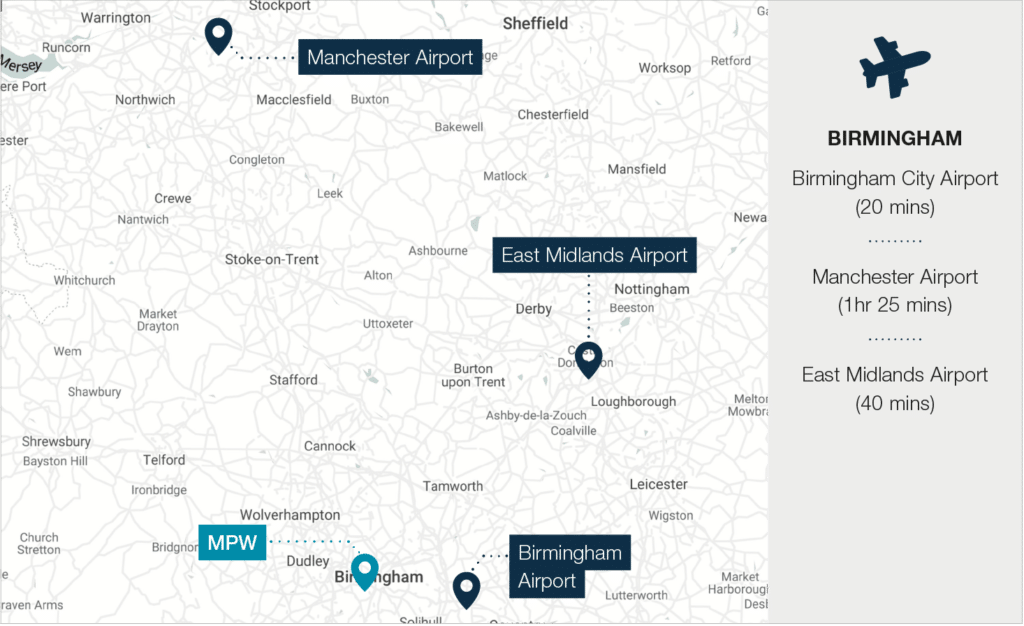 Map showing airport transfers to MPW Birmingham